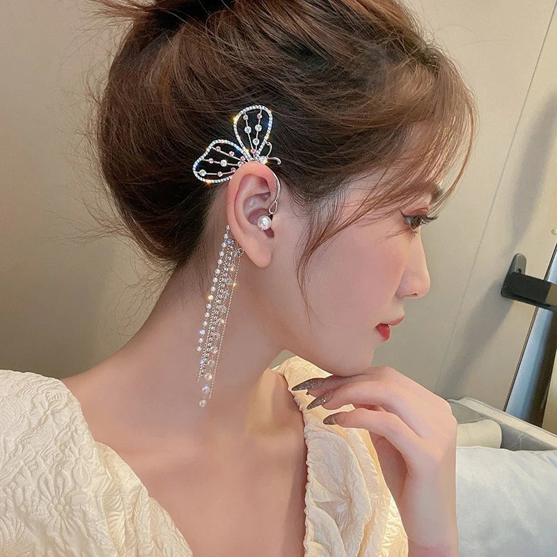 Luxury Butterfly Pearl Tassel Ear Cuffs (Pair) - Emberil