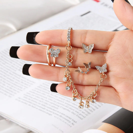 4 Pcs Butterfly Chain Rhinestone Tassel Earrings - Emberil