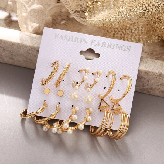 9 Pieces Elegant Pearl Hoops Stud Pack - Golden - Emberil