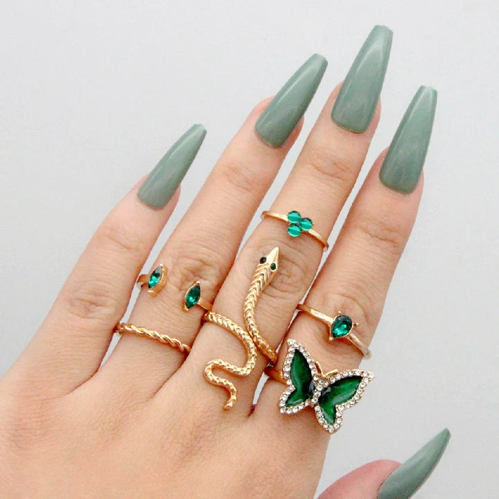 6 Pcs Luxury Green Rhinestone Butterfly Rings Set - Emberil