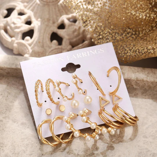 9 Pieces Elegant Pearl Hoops Stud Pack - Golden - Emberil