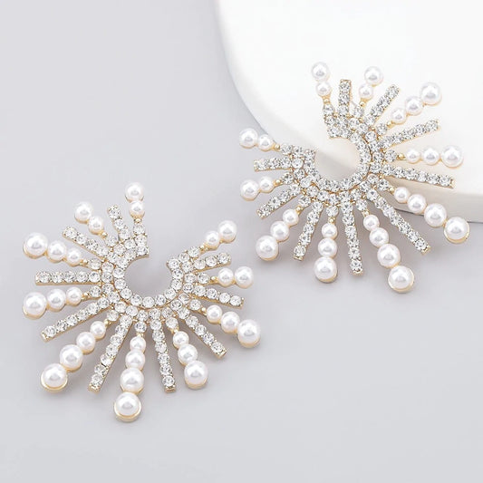 Fireworks Luxury Rhinestone Imitation Pearl Statement Earrings - S925 - Emberil