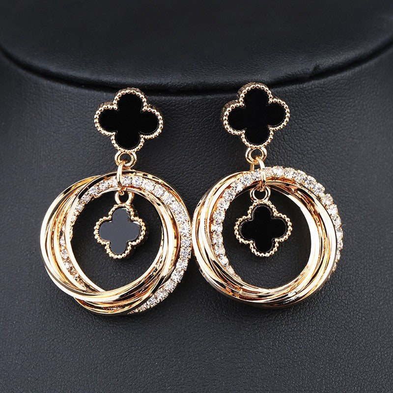 Four-leaf Clover Round Crystal Earrings S925 - Emberil