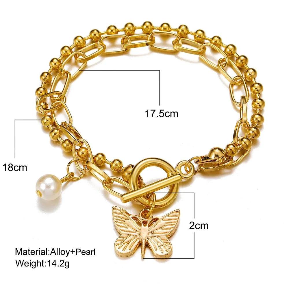 Trendy Double Round Bead Chain Butterfly Pendant Bracelet - Emberil