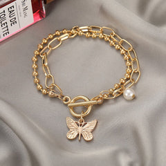 Trendy Double Round Bead Chain Butterfly Pendant Bracelet - Emberil