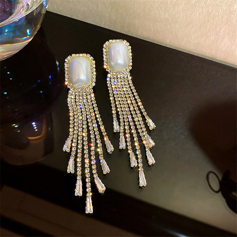 Golden Long Tassel Full Rhinestone Drop Earrings - Emberil