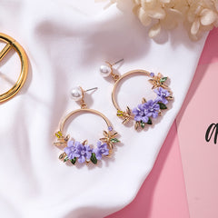 Pearl Decor Flower Hoop Drop Earrings - Emberil