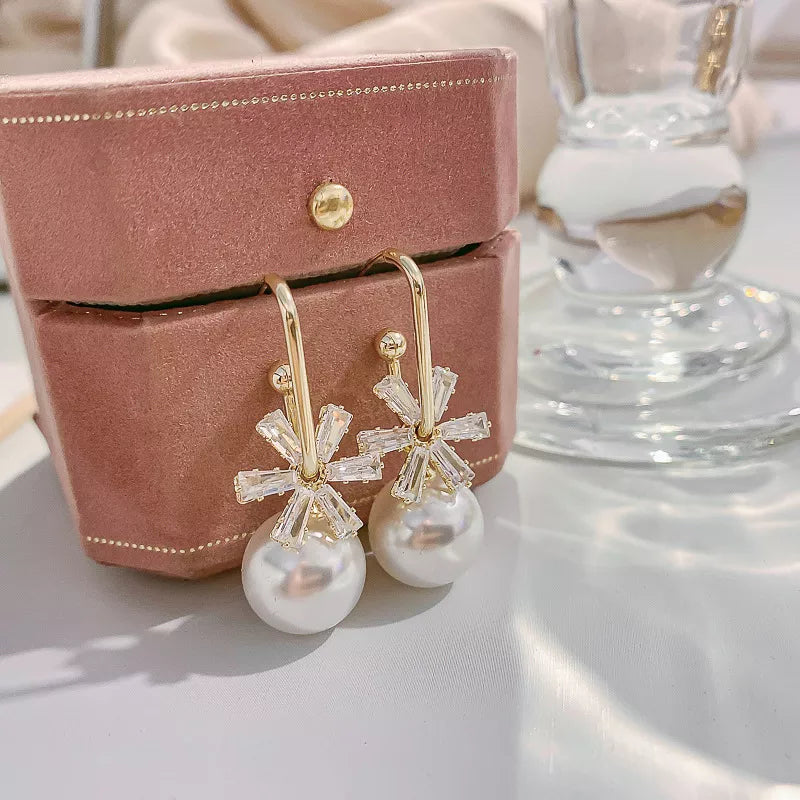 Crystal Floral Pearl Drop Earrings - Emberil