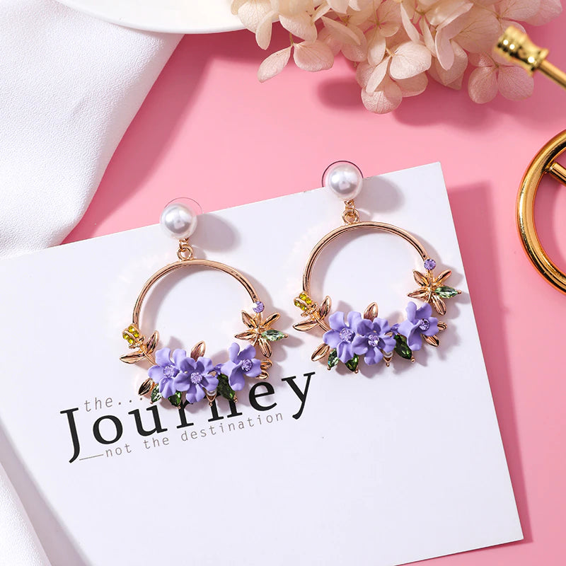 Pearl Decor Flower Hoop Drop Earrings - Emberil