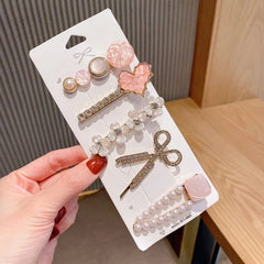 5 Pieces Pink Pearl Floral Hair Clip Set - Emberil