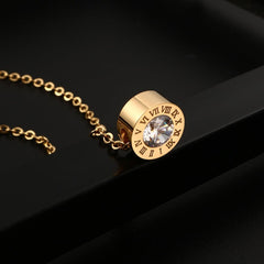 Roman Numeral Round Crystal Gold Pendant Necklace - Stainless Steel - Emberil