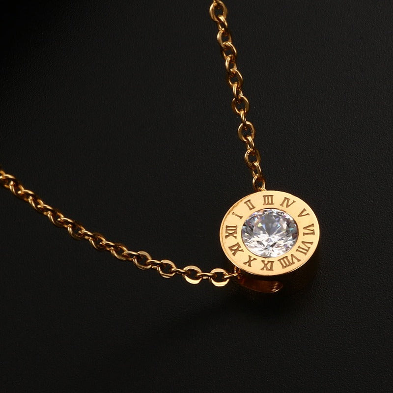 Roman Numeral Round Crystal Gold Pendant Necklace - Stainless Steel - Emberil