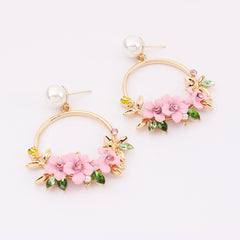 Pearl Decor Flower Hoop Drop Earrings