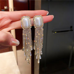 Golden Long Tassel Full Rhinestone Drop Earrings - Emberil