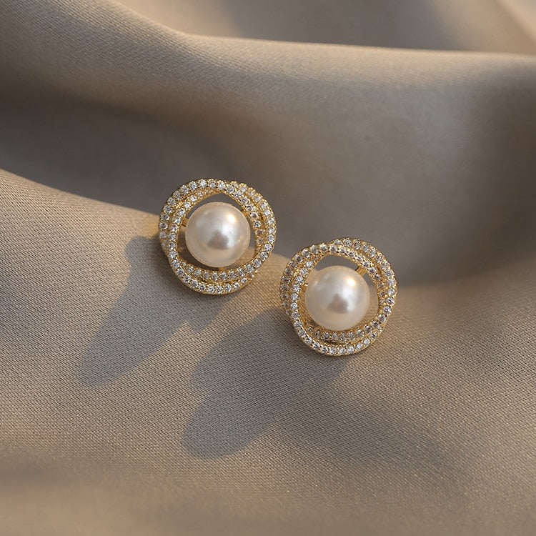 Spiral Pearl Stud Earrings S925 - Emberil