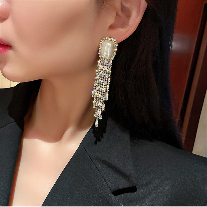 Golden Long Tassel Full Rhinestone Drop Earrings - Emberil