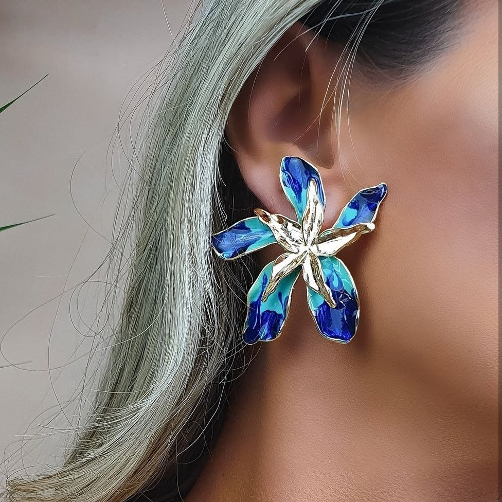 Blue Mariae Floral Statement Earrings - Emberil