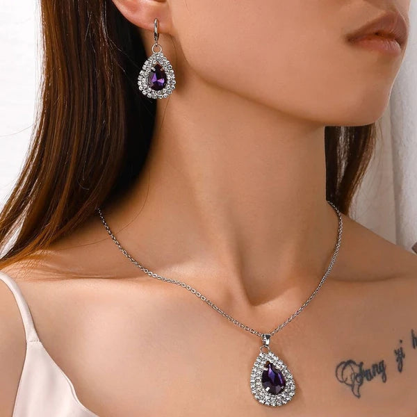 Luxury Amethyst Water Drop Necklace & Earrings Set - Emberil