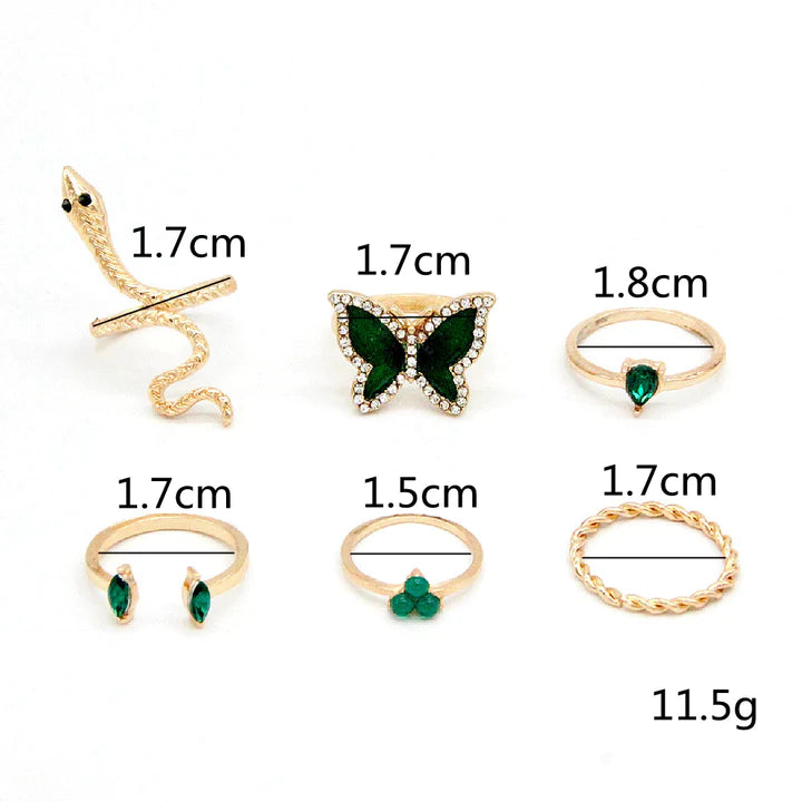 6 Pcs Luxury Green Rhinestone Butterfly Rings Set - Emberil