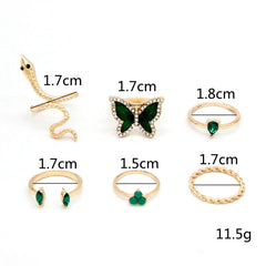 6 Pcs Luxury Green Rhinestone Butterfly Rings Set - Emberil