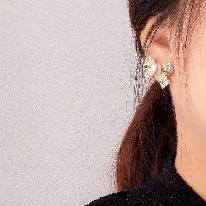 Bow Pearl Stud Earrings - S925 - Emberil