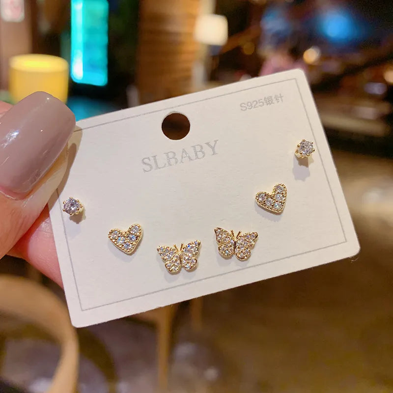 3 Pcs Cute Heart & Butterfly Crystal Stud Pack S925 - Emberil