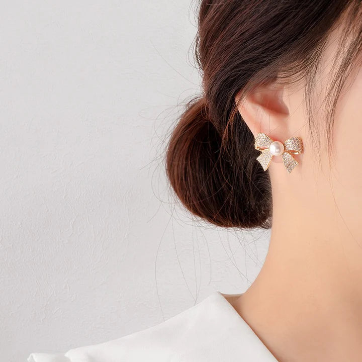 Bow Pearl Stud Earrings - S925 - Emberil