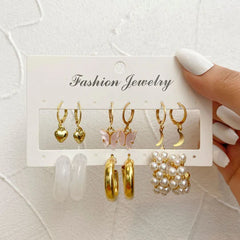 6 Pieces Pearl Gold Butterfly Stud Pack - Emberil