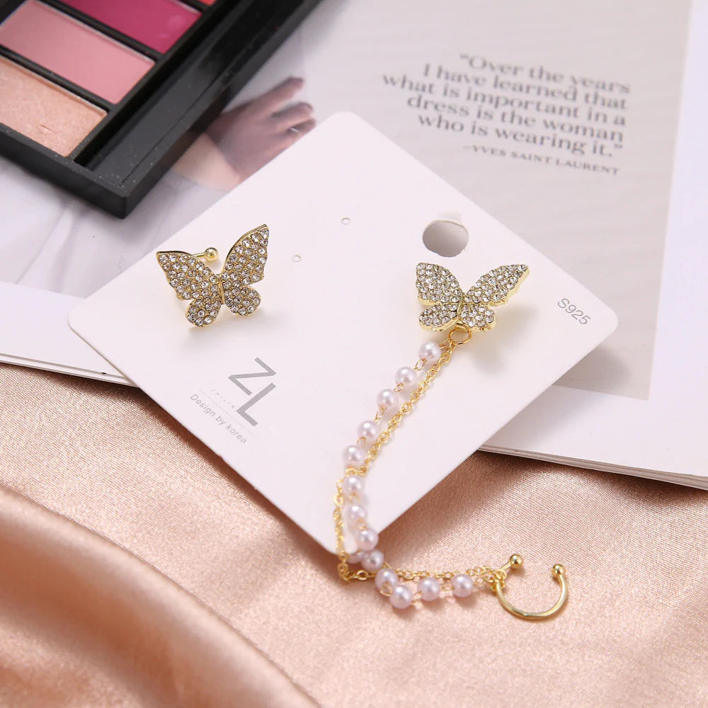 Full Zircon Butterfly Pearl Tassel Ear Clip - S925