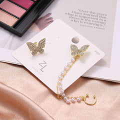 Full Zircon Butterfly Pearl Tassel Ear Clip - S925