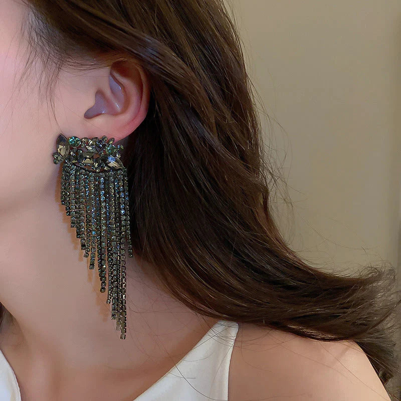 Black Luxury Crystal Drop Tassel Earrings - S925 (Limited Edition) - Emberil