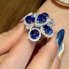 Blue Oval Floral S925 Ring - Emberil