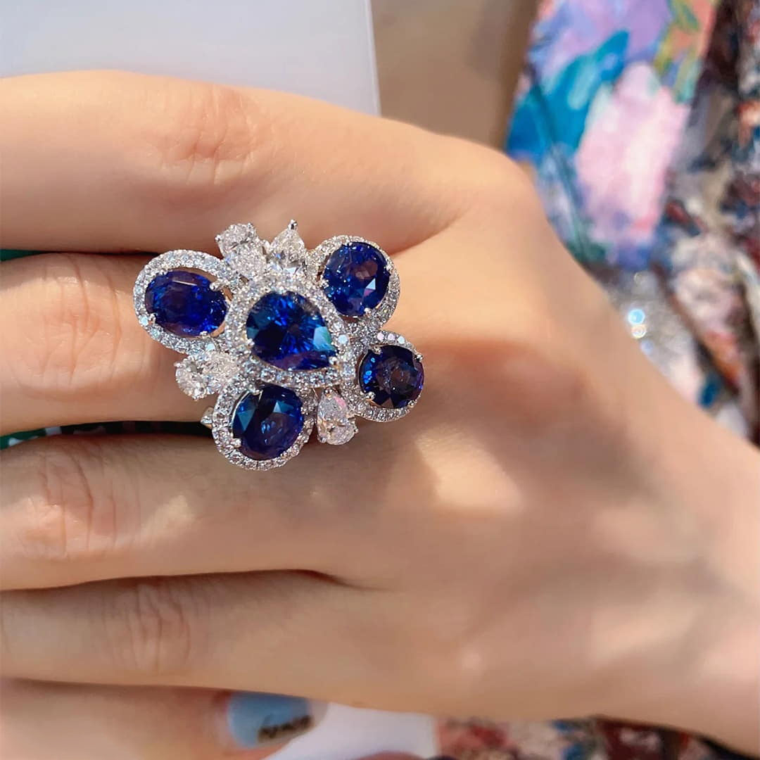 Blue Oval Floral S925 Ring - Emberil