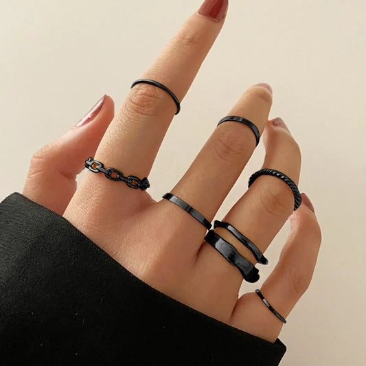 7Pcs Set Punk Black Rings - Emberil