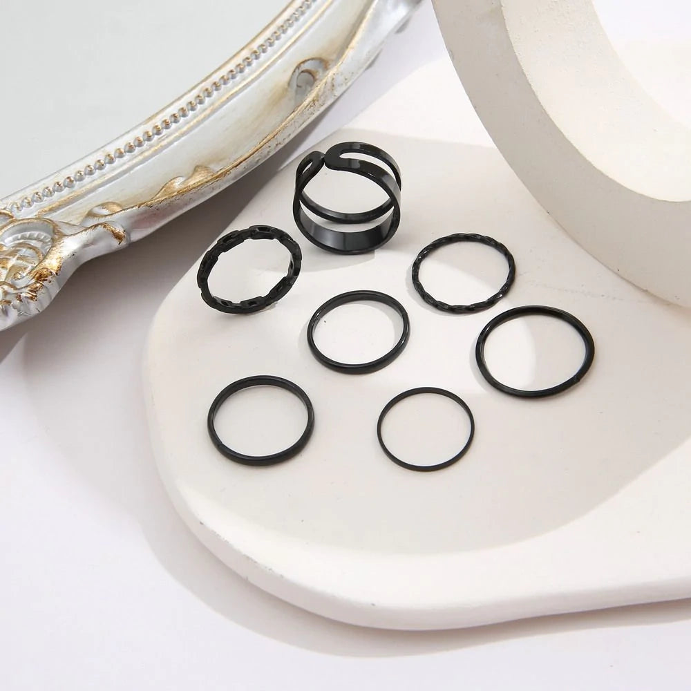 7Pcs Set Punk Black Rings - Emberil