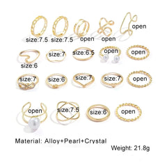 19 Pcs Bohemian Golden Pearl Punk Ring Set - Emberil