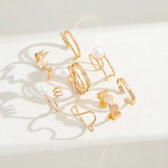 8 Pcs Golden Pearl Ring Set - Emberil