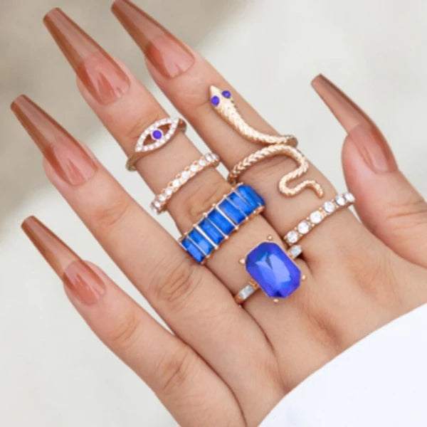 6 Pieces Blue Crystal Snake Ring Set - Emberil