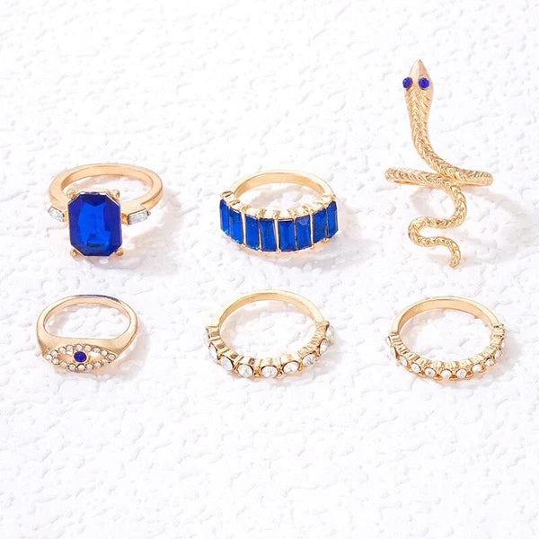 6 Pieces Blue Crystal Snake Ring Set - Emberil