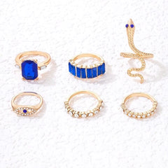 6 Pieces Blue Crystal Snake Ring Set - Emberil