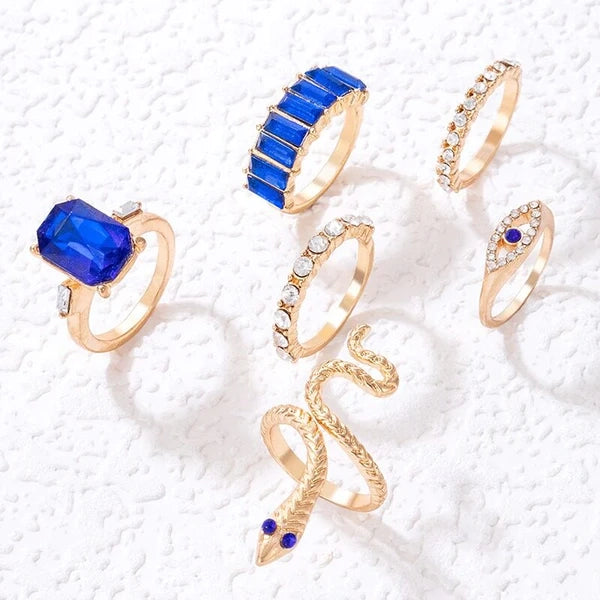 6 Pieces Blue Crystal Snake Ring Set - Emberil