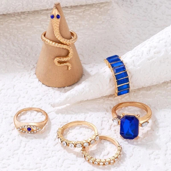 6 Pieces Blue Crystal Snake Ring Set - Emberil