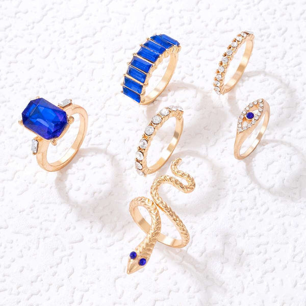 6 Pieces Blue Crystal Snake Ring Set - Emberil