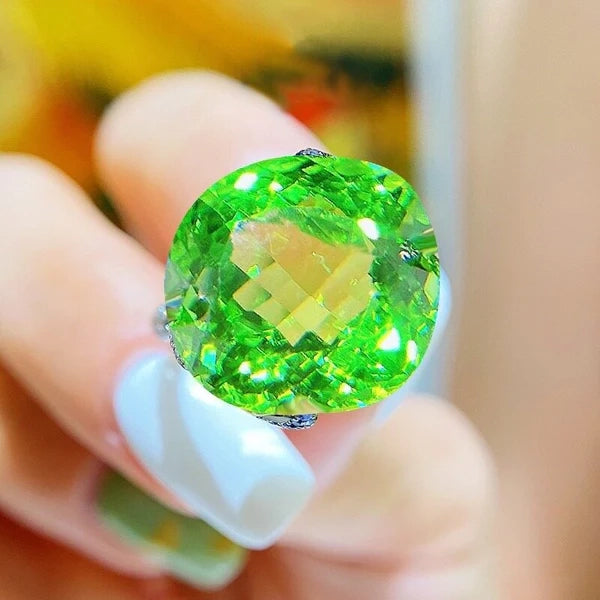 Peridot Luxury Big Tourmaline Green Zircon Adjustable Ring - S925 - Emberil