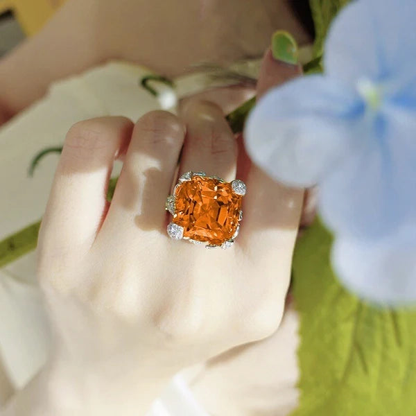 Beryl Big Orange Zircon Adjustable Ring - S925 - Emberil