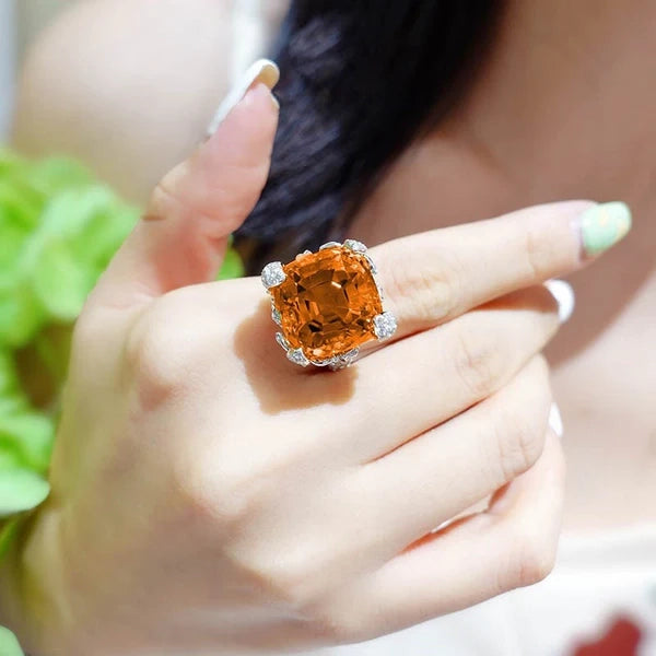 Beryl Big Orange Zircon Adjustable Ring - S925 - Emberil