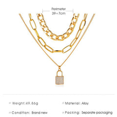 3 Layers Thick Micro-Inlaid Lock-Shaped Long Necklace - Emberil