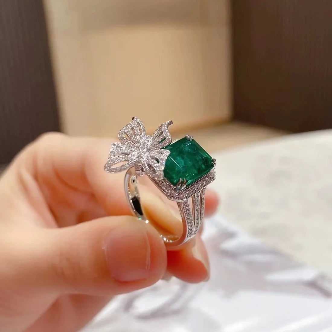 Square Stone Green Butterfly S925 Ring - Emberil