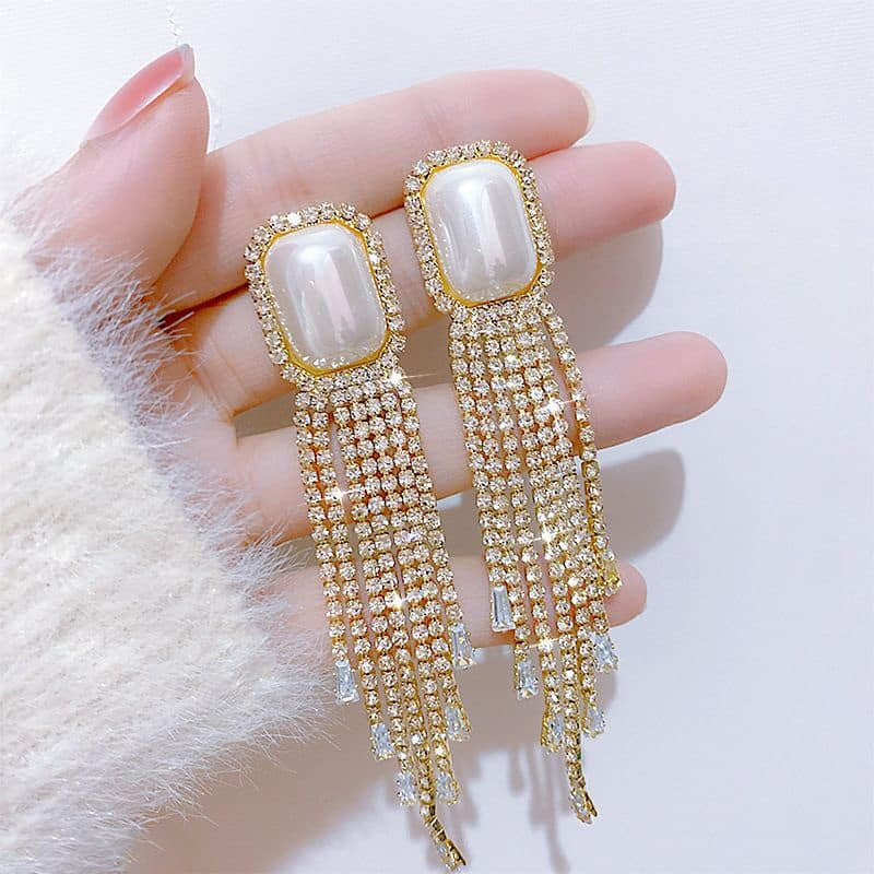 Golden Long Tassel Full Rhinestone Drop Earrings - Emberil