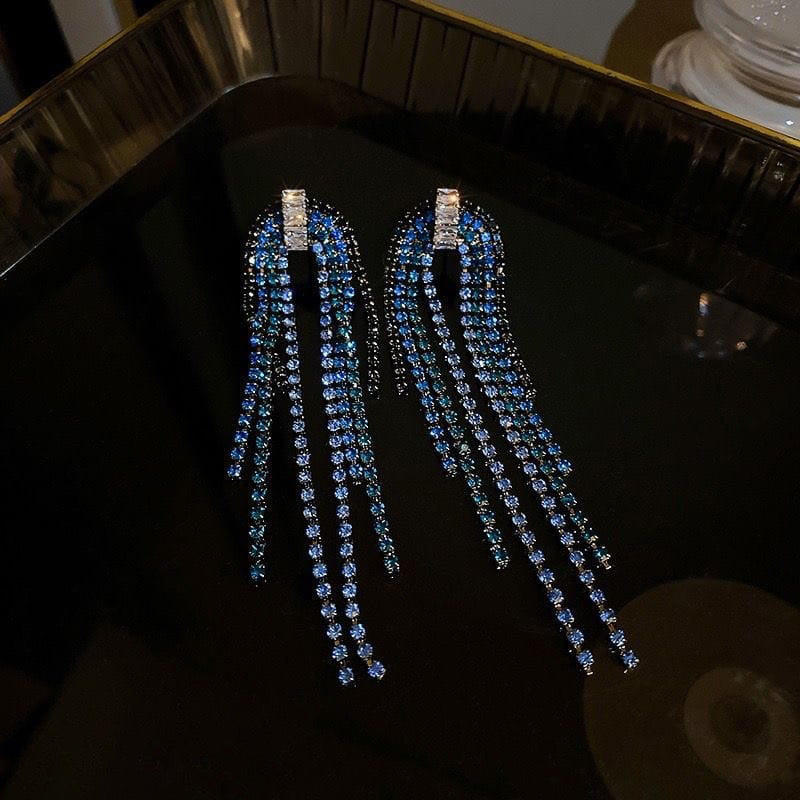 Luxury Blue Tassel Rhinestone Earrings - S925 - Emberil